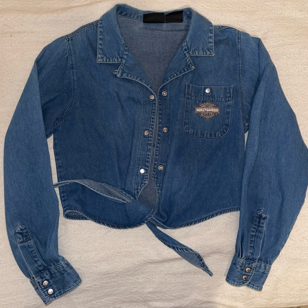 Vintage Harley-Davidson Denim Button Down Crop Top Tie waist Woman’s Size M